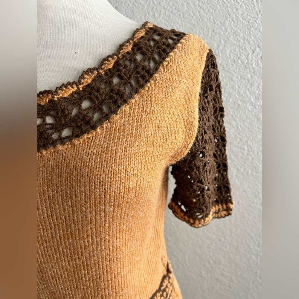 Handmade Knit Vintage A line Dress size M 6/8 dark yellow brown w belt - Picture 2 of 6